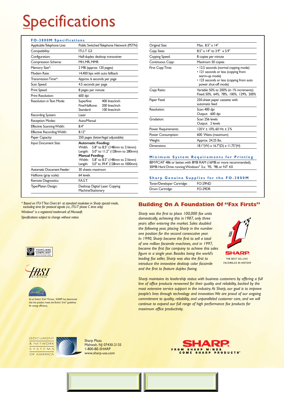 Specifications, Previous page, Building on a foundation of “fax firsts | Product home page | Sharp FO-3800M User Manual | Page 6 / 6