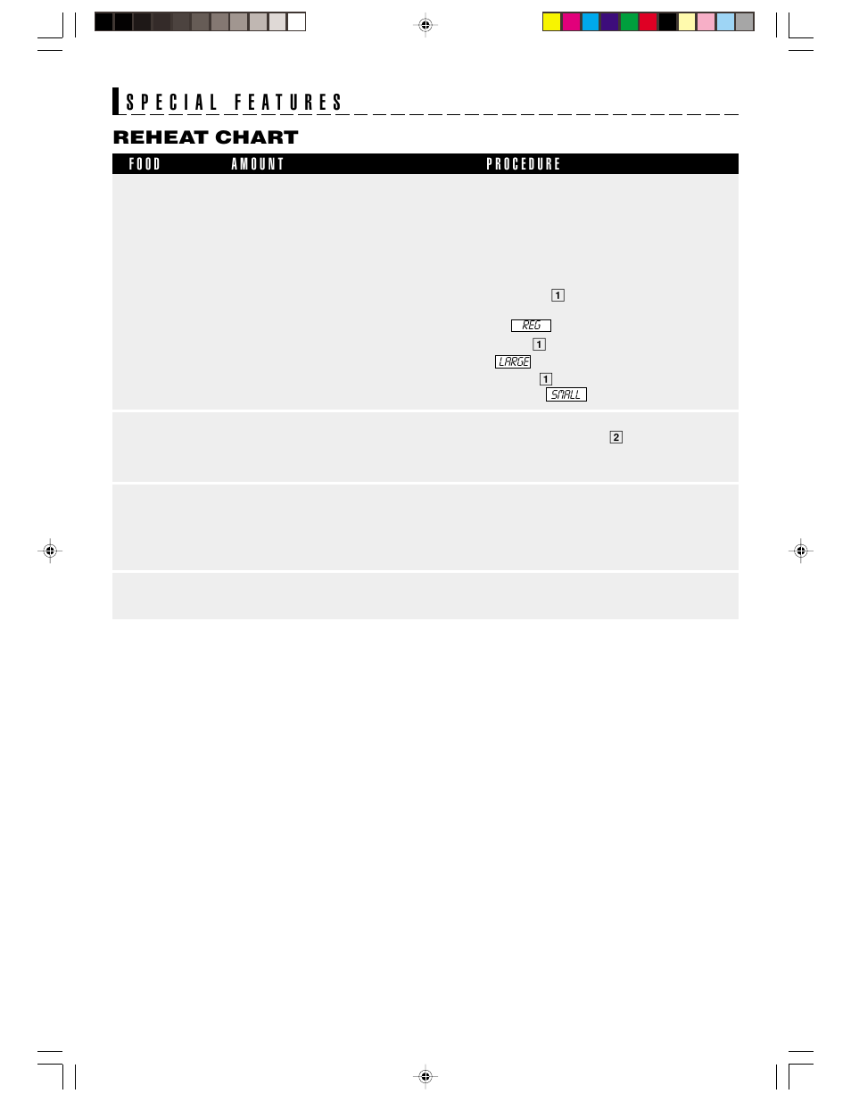 Reheat chart | Sharp R-1406 User Manual | Page 23 / 32