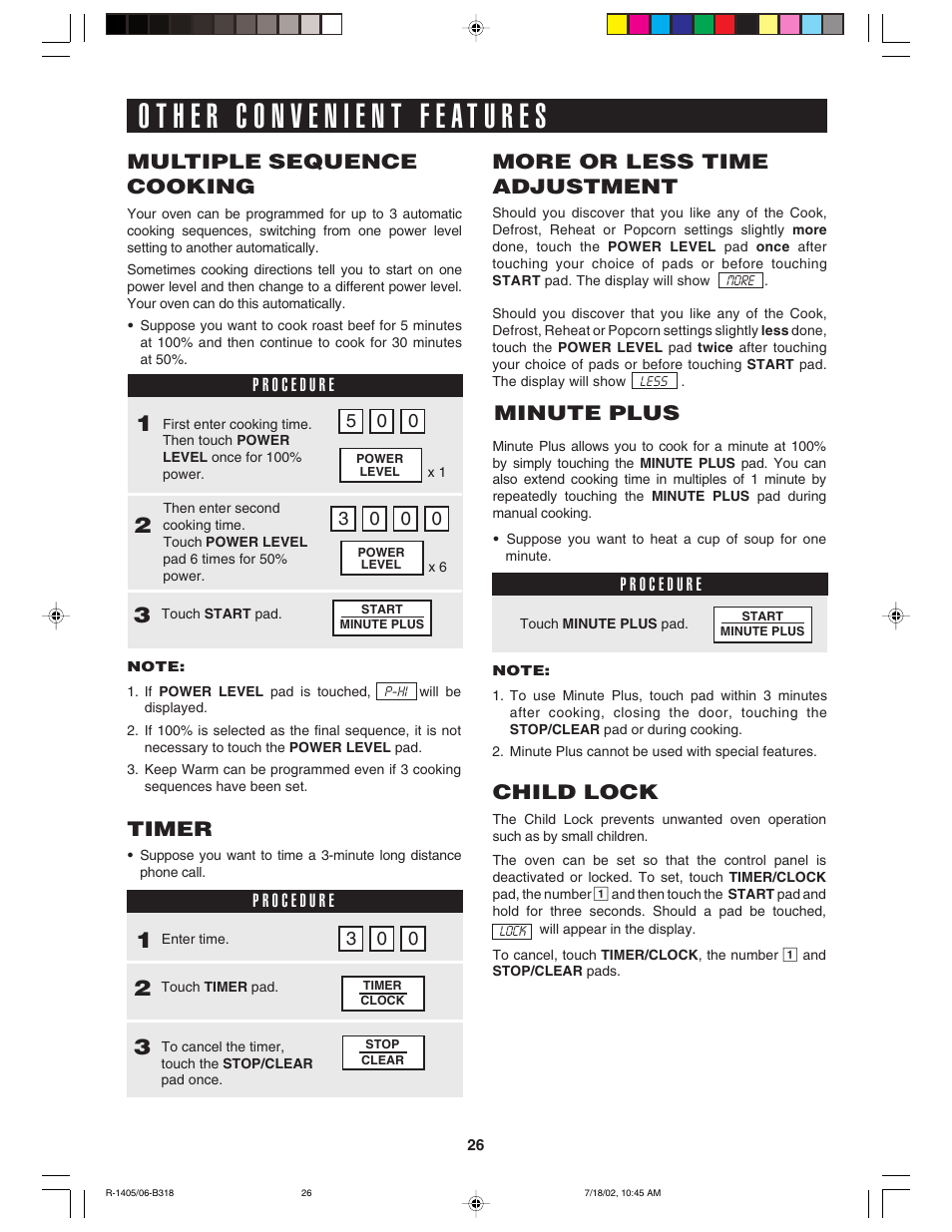 Minute plus, Multiple sequence cooking, More or less time adjustment | Child lock, Timer | Sharp R-1406 User Manual | Page 26 / 32