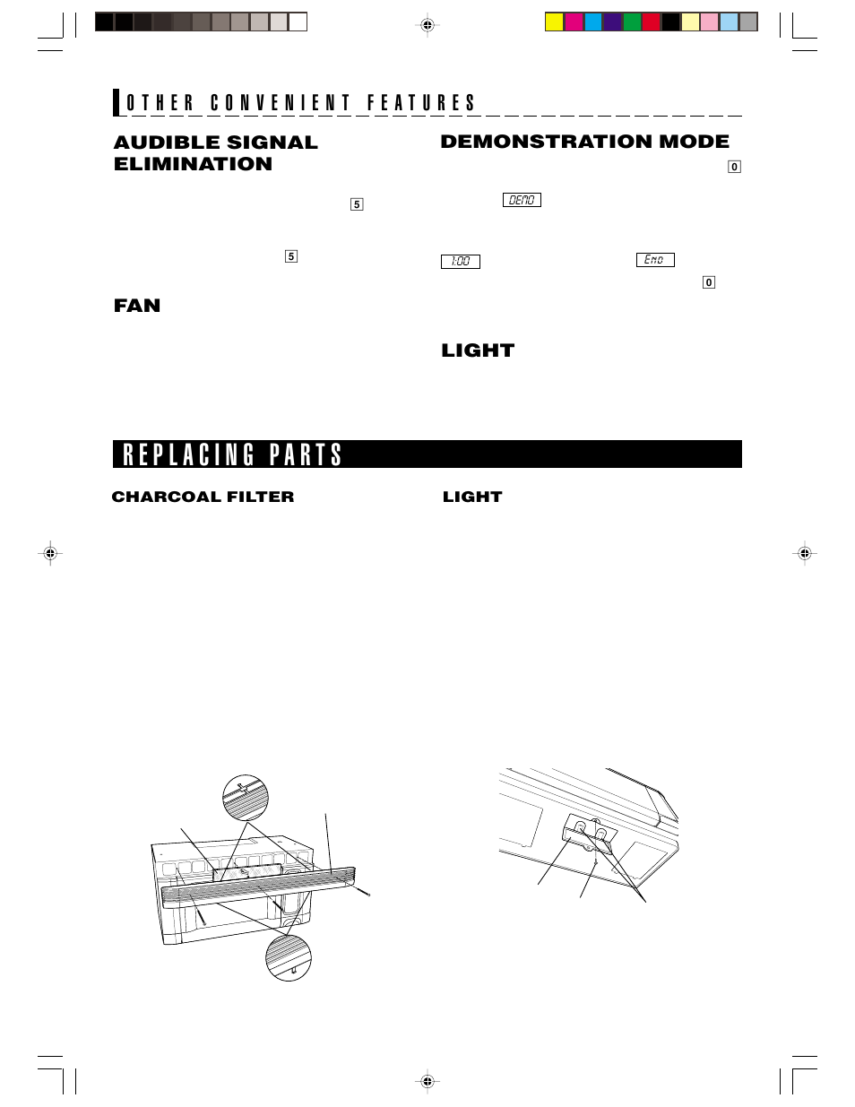 Light, Audible signal elimination, Demonstration mode | Sharp R-1406 User Manual | Page 27 / 32