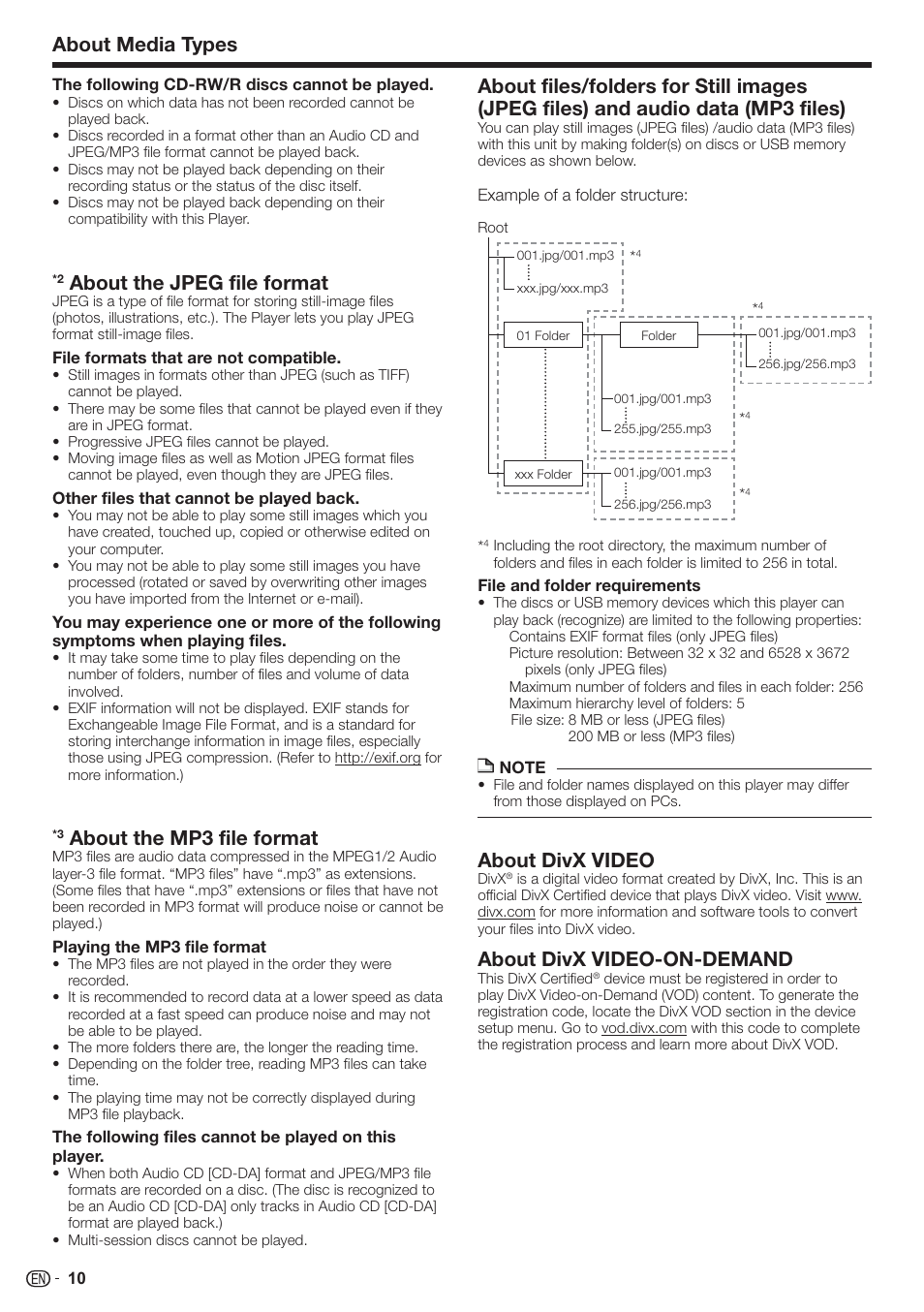 About media types, About the jpeg file format, About the mp3 file format | About divx video, About divx video-on-demand | Sharp AQUOS BD-HP90U User Manual | Page 12 / 81