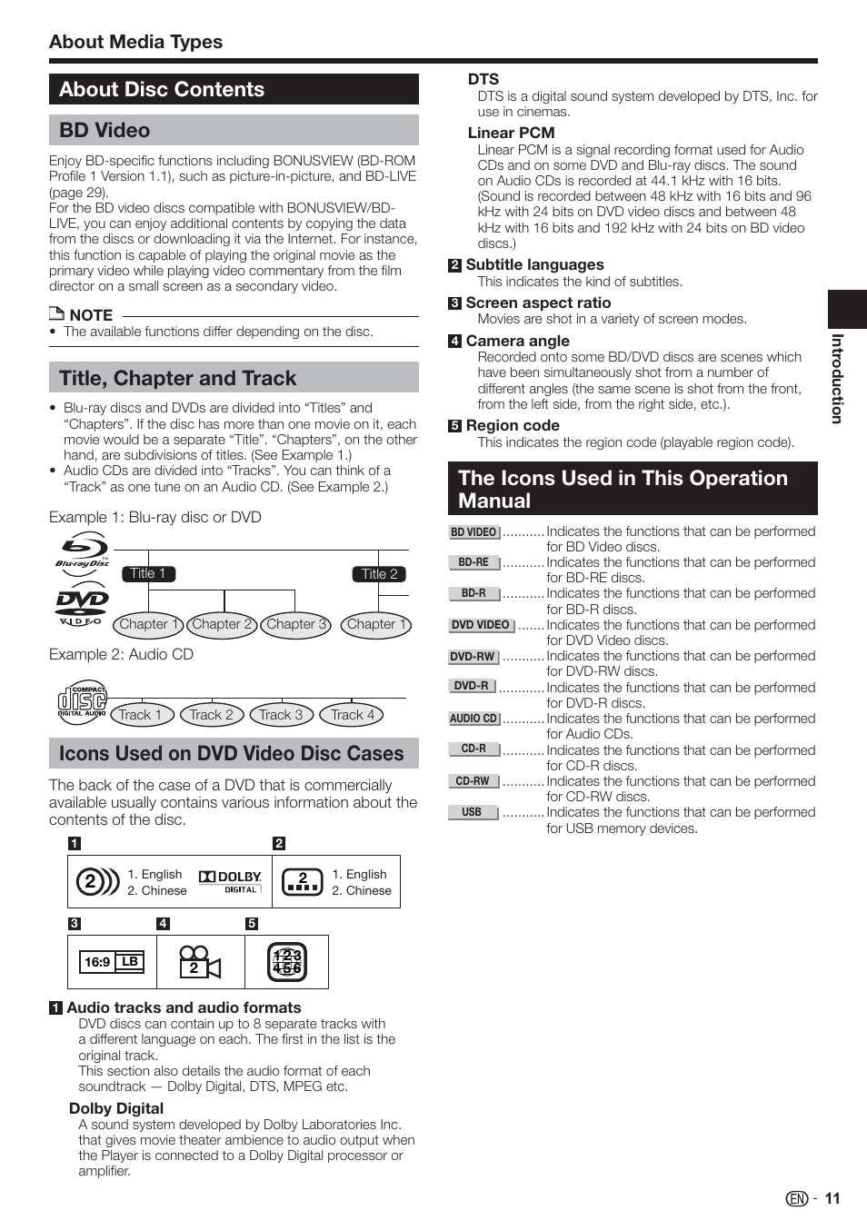 Icons used on dvd video disc cases, The icons used in this operation manual, About disc contents bd video | Title, chapter and track, About media types | Sharp AQUOS BD-HP90U User Manual | Page 13 / 81