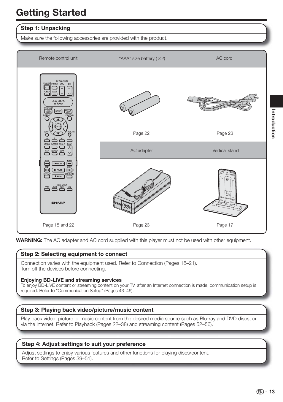 Getting started | Sharp AQUOS BD-HP90U User Manual | Page 15 / 81