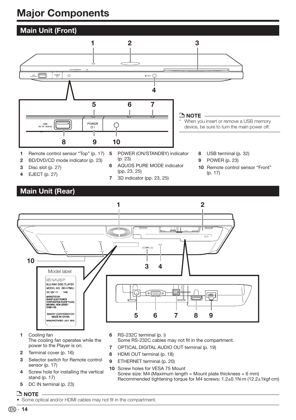 Major components, Main unit (rear) main unit (front) | Sharp AQUOS BD-HP90U User Manual | Page 16 / 81