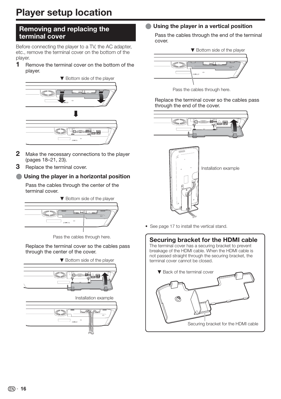 Player setup location, Removing and replacing the terminal cover, Securing bracket for the hdmi cable | Sharp AQUOS BD-HP90U User Manual | Page 18 / 81