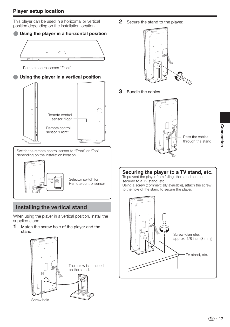 Installing the vertical stand, Player setup location, Securing the player to a tv stand, etc | Sharp AQUOS BD-HP90U User Manual | Page 19 / 81