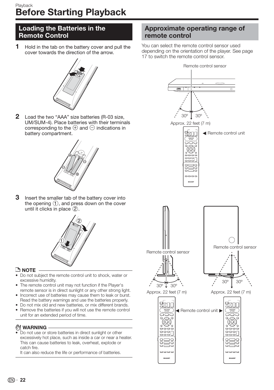 Before starting playback, Loading the batteries in the remote control, 12 3 approximate operating range of remote control | Sharp AQUOS BD-HP90U User Manual | Page 24 / 81