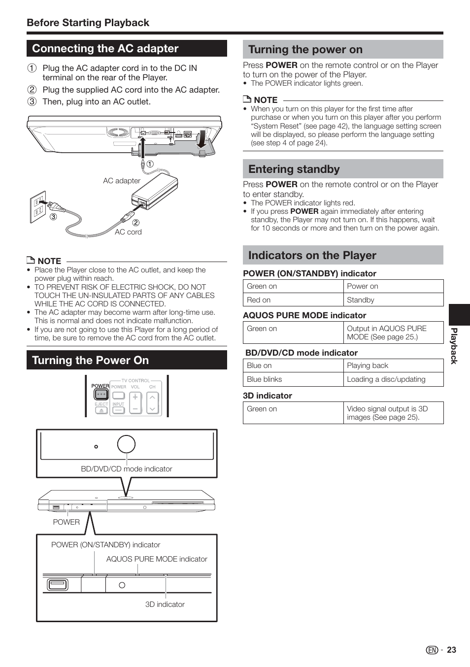 Connecting the ac adapter, Turning the power on turning the power on, Entering standby | Indicators on the player, Before starting playback | Sharp AQUOS BD-HP90U User Manual | Page 25 / 81