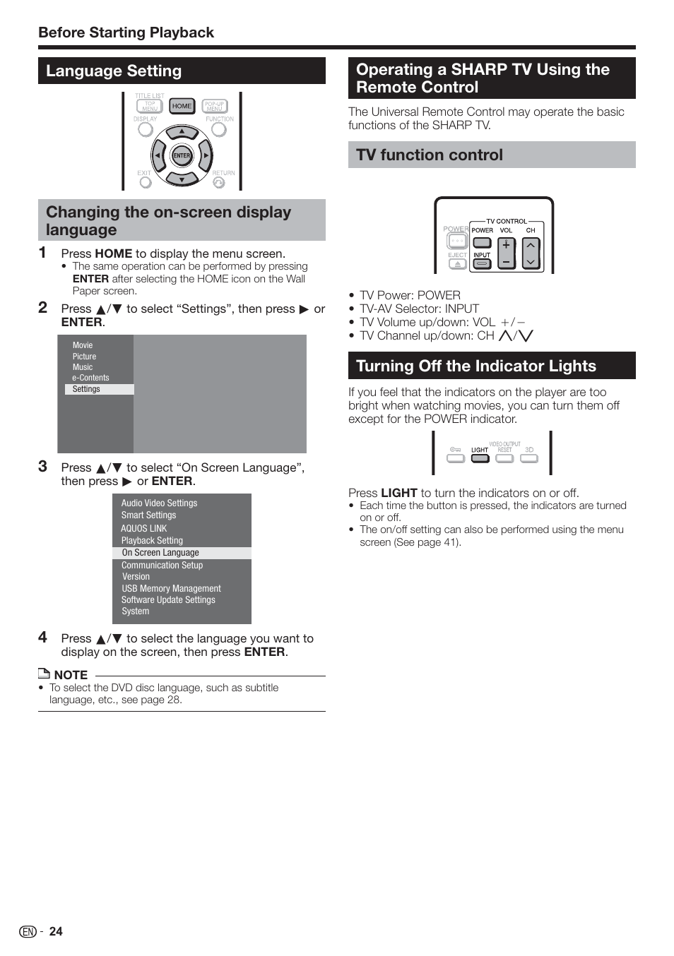 Operating a sharp tv using the remote control, Tv function control, 23 4 turning off the indicator lights | Before starting playback | Sharp AQUOS BD-HP90U User Manual | Page 26 / 81