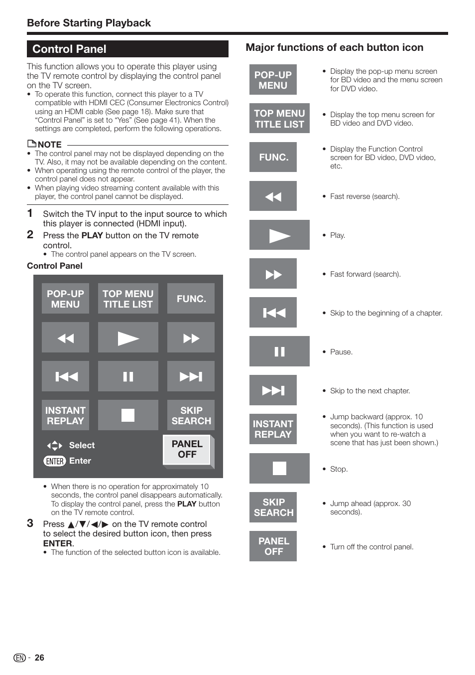 Control panel, Before starting playback, Major functions of each button icon | Sharp AQUOS BD-HP90U User Manual | Page 28 / 81