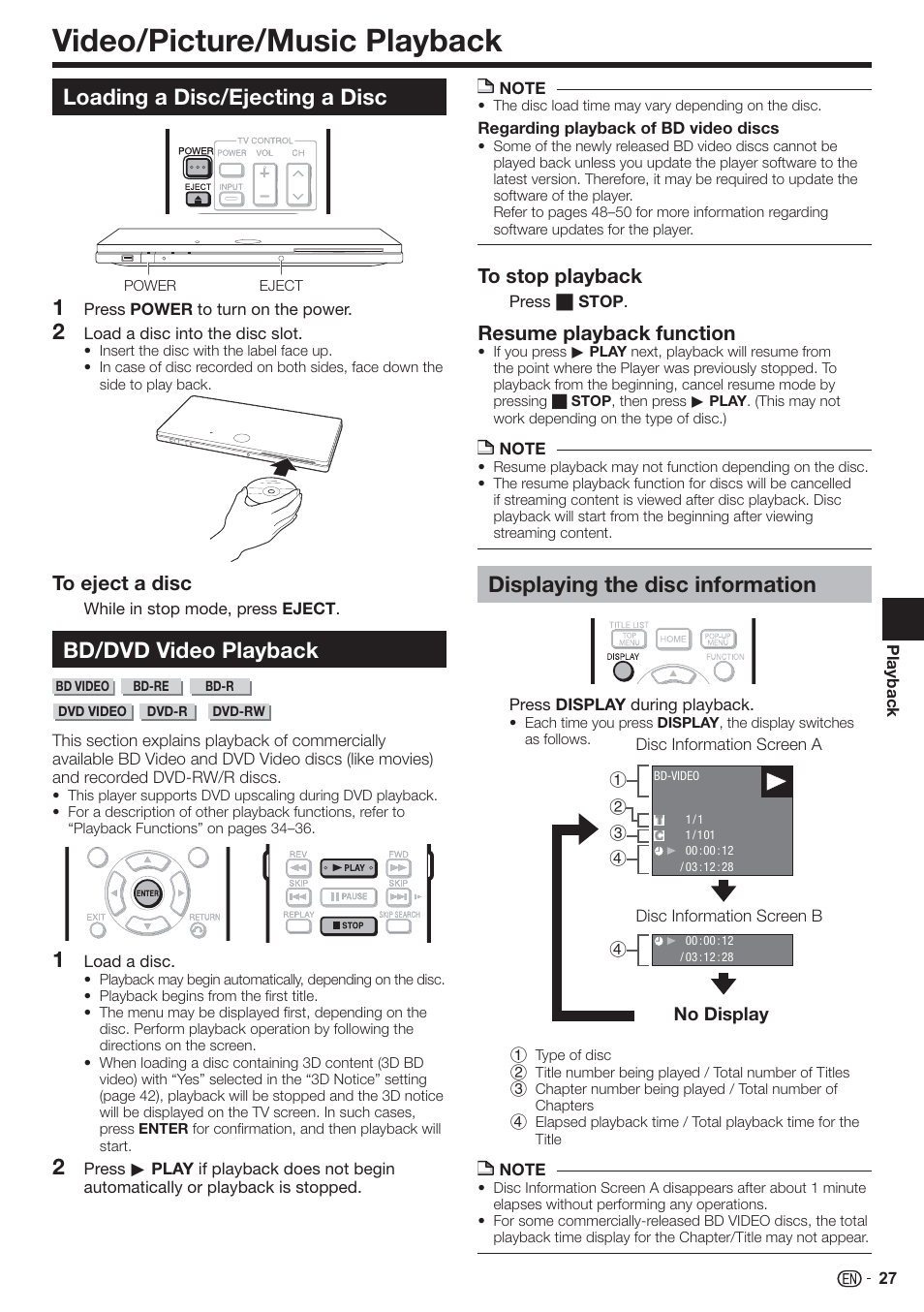 Video/picture/music playback, Loading a disc/ejecting a disc, Bd/dvd video playback | Displaying the disc information, Resume playback function | Sharp AQUOS BD-HP90U User Manual | Page 29 / 81