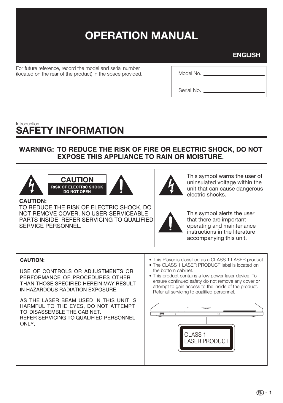 Operation manual, Safety information | Sharp AQUOS BD-HP90U User Manual | Page 3 / 81