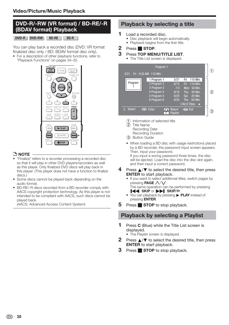 Playback by selecting a title, Playback by selecting a playlist, Video/picture/music playback | Sharp AQUOS BD-HP90U User Manual | Page 32 / 81