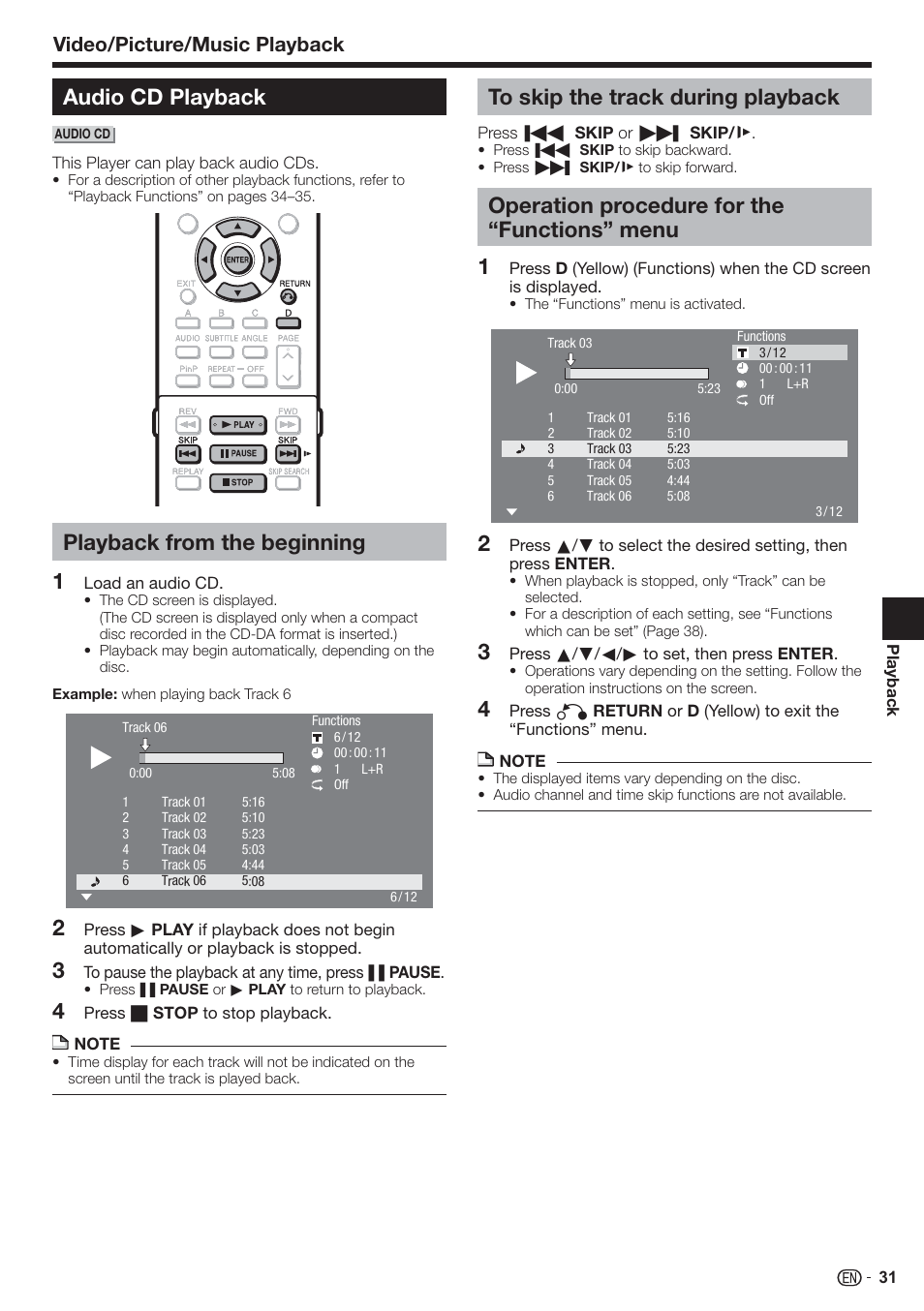 Audio cd playback, Playback from the beginning, 4to skip the track during playback | Operation procedure for the “functions” menu, Video/picture/music playback | Sharp AQUOS BD-HP90U User Manual | Page 33 / 81