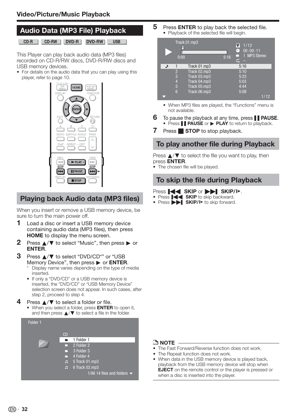 Audio data (mp3 file) playback, Playing back audio data (mp3 files), Video/picture/music playback | Sharp AQUOS BD-HP90U User Manual | Page 34 / 81