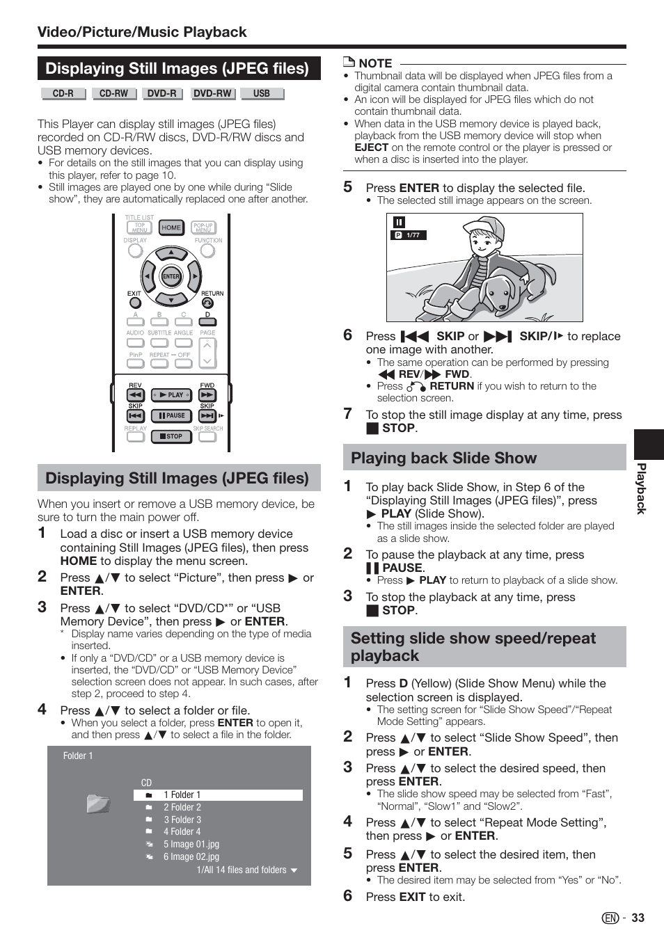 Displaying still images (jpeg files), Playing back slide show, Setting slide show speed/repeat playback | Video/picture/music playback | Sharp AQUOS BD-HP90U User Manual | Page 35 / 81