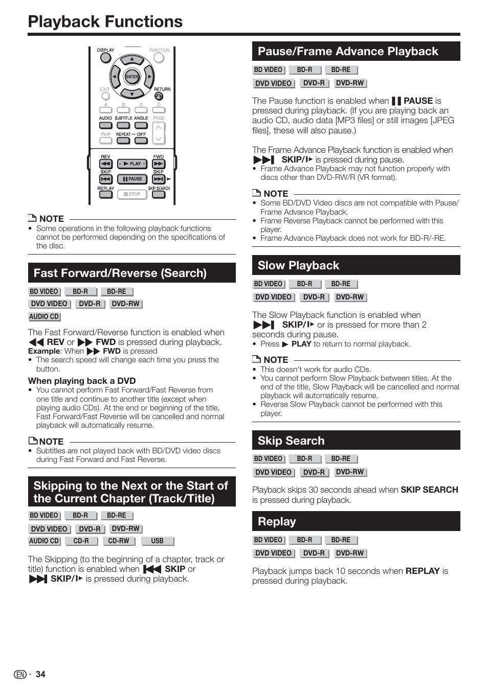 Playback functions, Fast forward/reverse (search), Pause/frame advance playback | Slow playback, Skip search, Replay | Sharp AQUOS BD-HP90U User Manual | Page 36 / 81