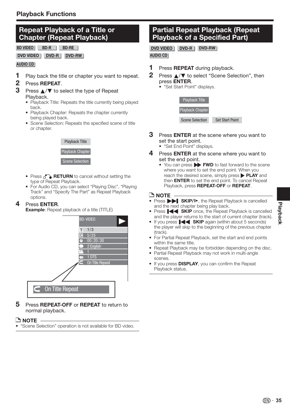 Playback functions, On title repeat | Sharp AQUOS BD-HP90U User Manual | Page 37 / 81