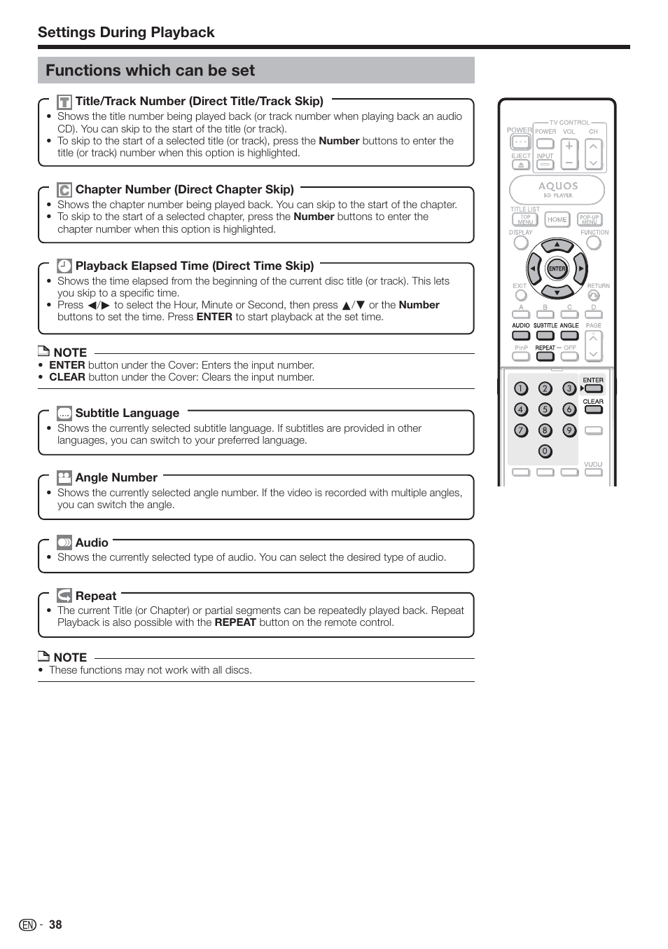 Functions which can be set, Settings during playback | Sharp AQUOS BD-HP90U User Manual | Page 40 / 81