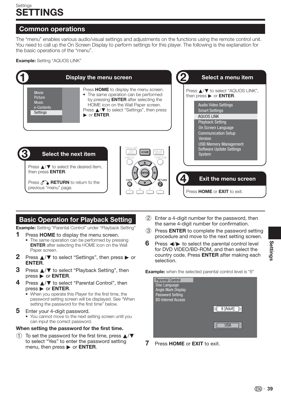 Settings, Common operations, Basic operation for playback setting | Sharp AQUOS BD-HP90U User Manual | Page 41 / 81