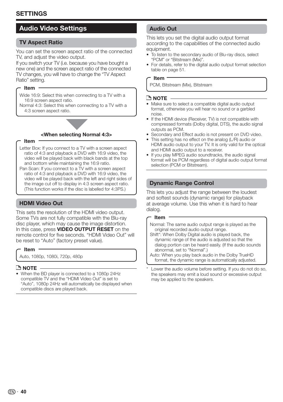 Audio video settings, Settings | Sharp AQUOS BD-HP90U User Manual | Page 42 / 81