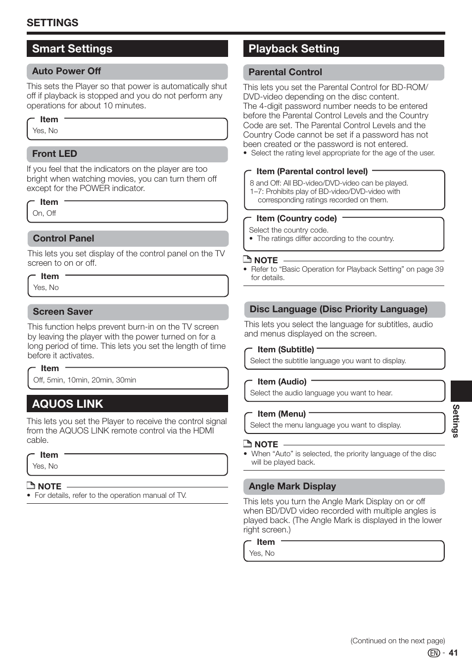 Smart settings aquos link, Playback setting, Settings | Sharp AQUOS BD-HP90U User Manual | Page 43 / 81