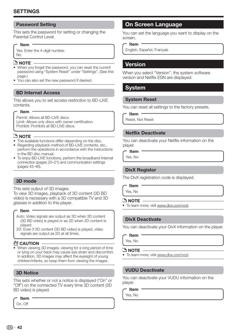 Version, System, On screen language | Settings | Sharp AQUOS BD-HP90U User Manual | Page 44 / 81