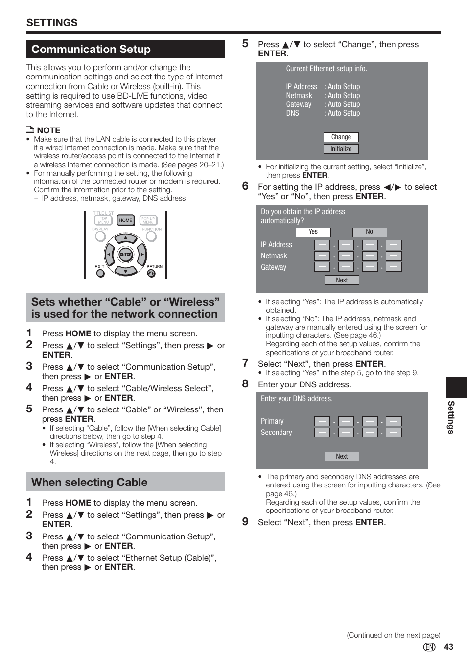 Communication setup, When selecting cable, Settings | Sharp AQUOS BD-HP90U User Manual | Page 45 / 81