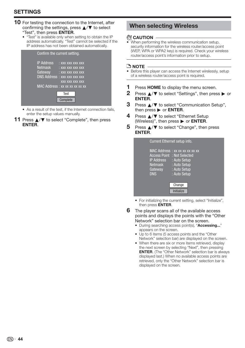 11 when selecting wireless, Settings | Sharp AQUOS BD-HP90U User Manual | Page 46 / 81