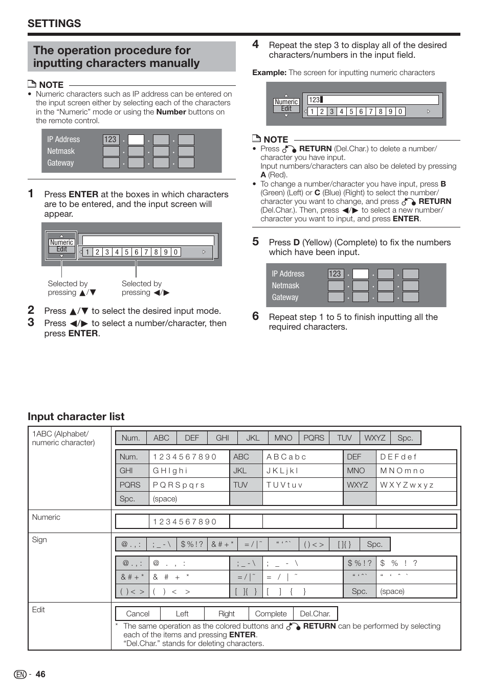 Settings, Input character list | Sharp AQUOS BD-HP90U User Manual | Page 48 / 81