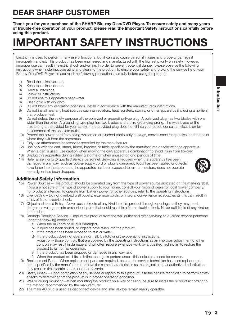 Important safety instructions, Dear sharp customer | Sharp AQUOS BD-HP90U User Manual | Page 5 / 81