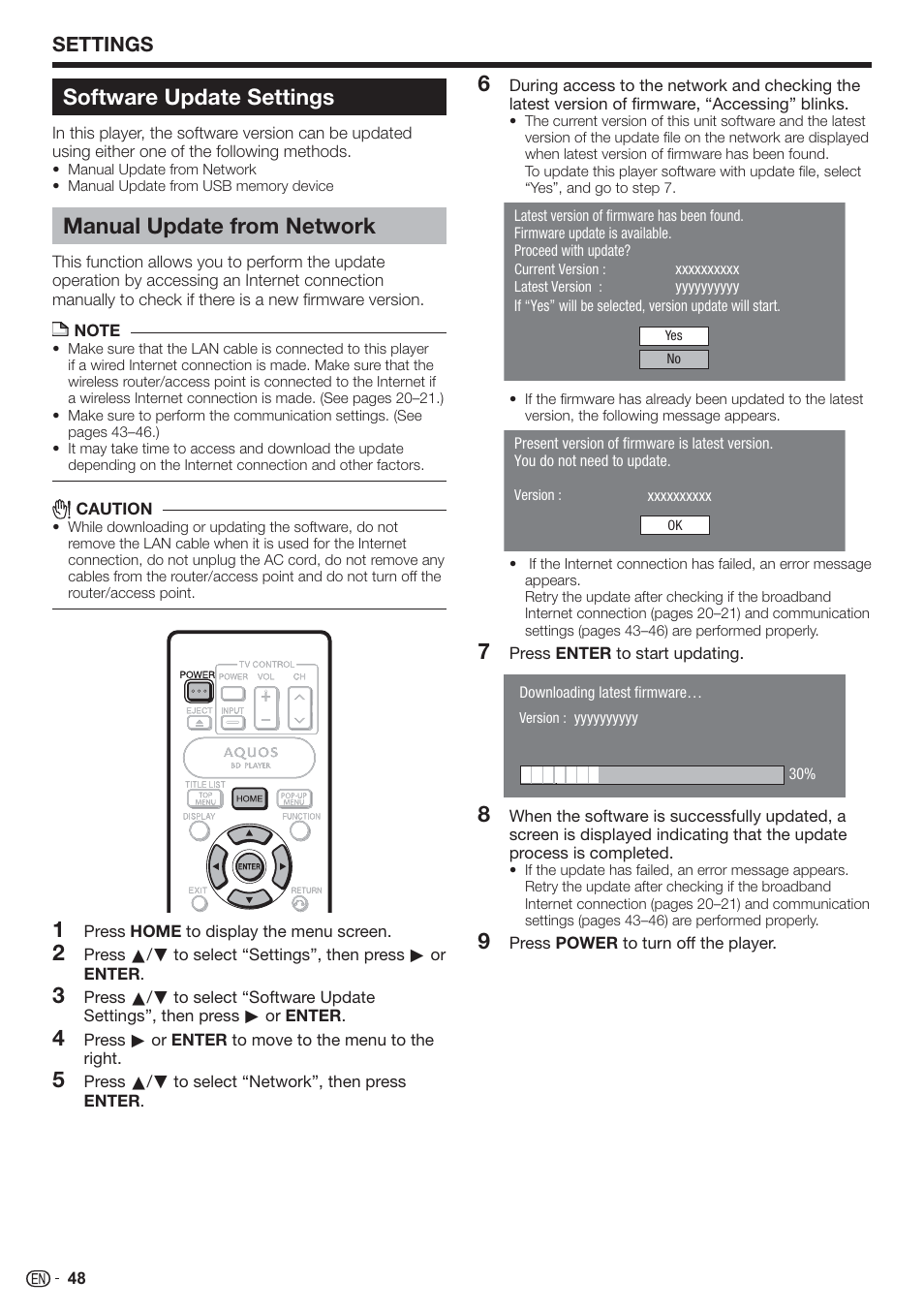 Software update settings, Manual update from network, Settings | Sharp AQUOS BD-HP90U User Manual | Page 50 / 81