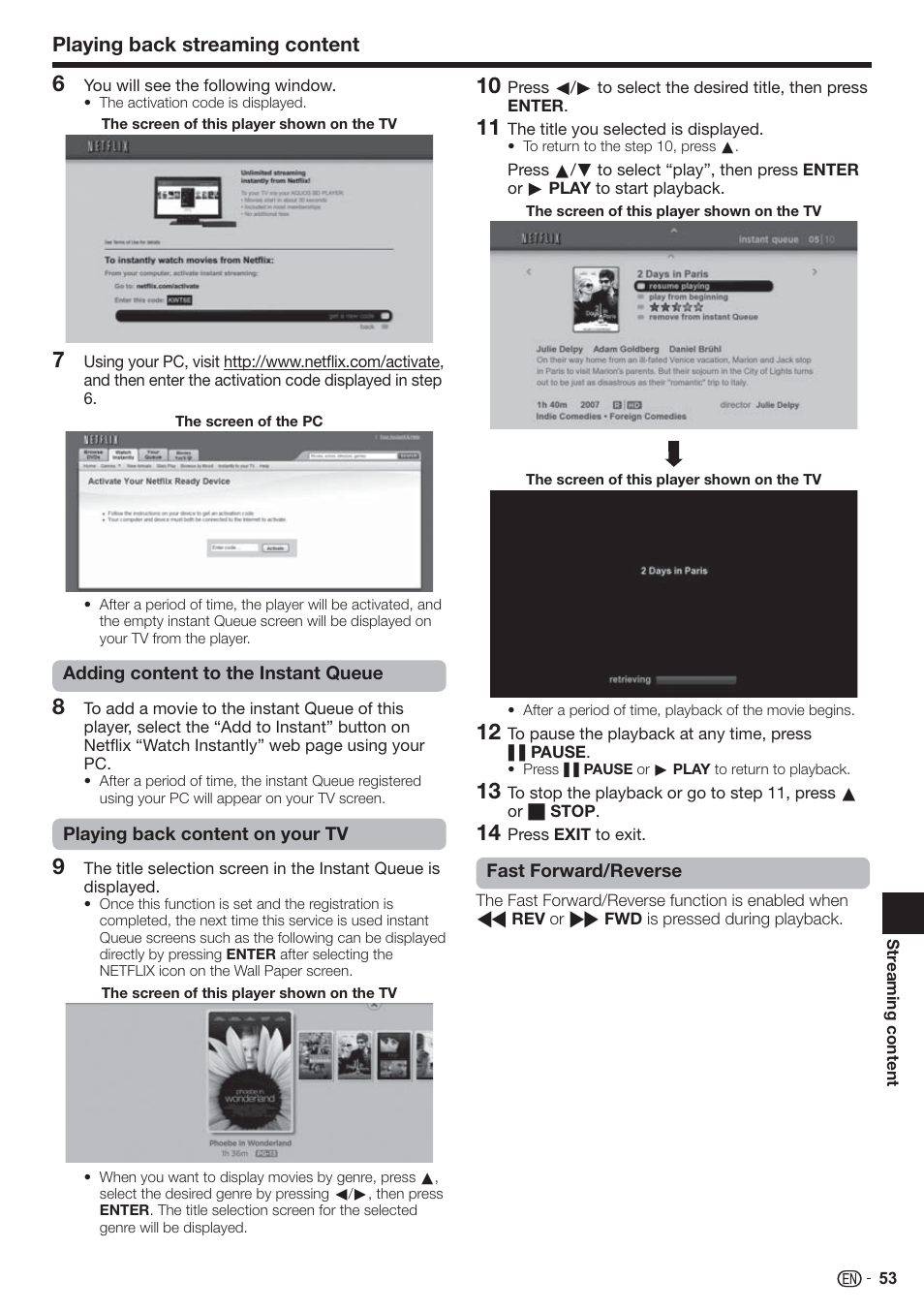 Playing back streaming content | Sharp AQUOS BD-HP90U User Manual | Page 55 / 81