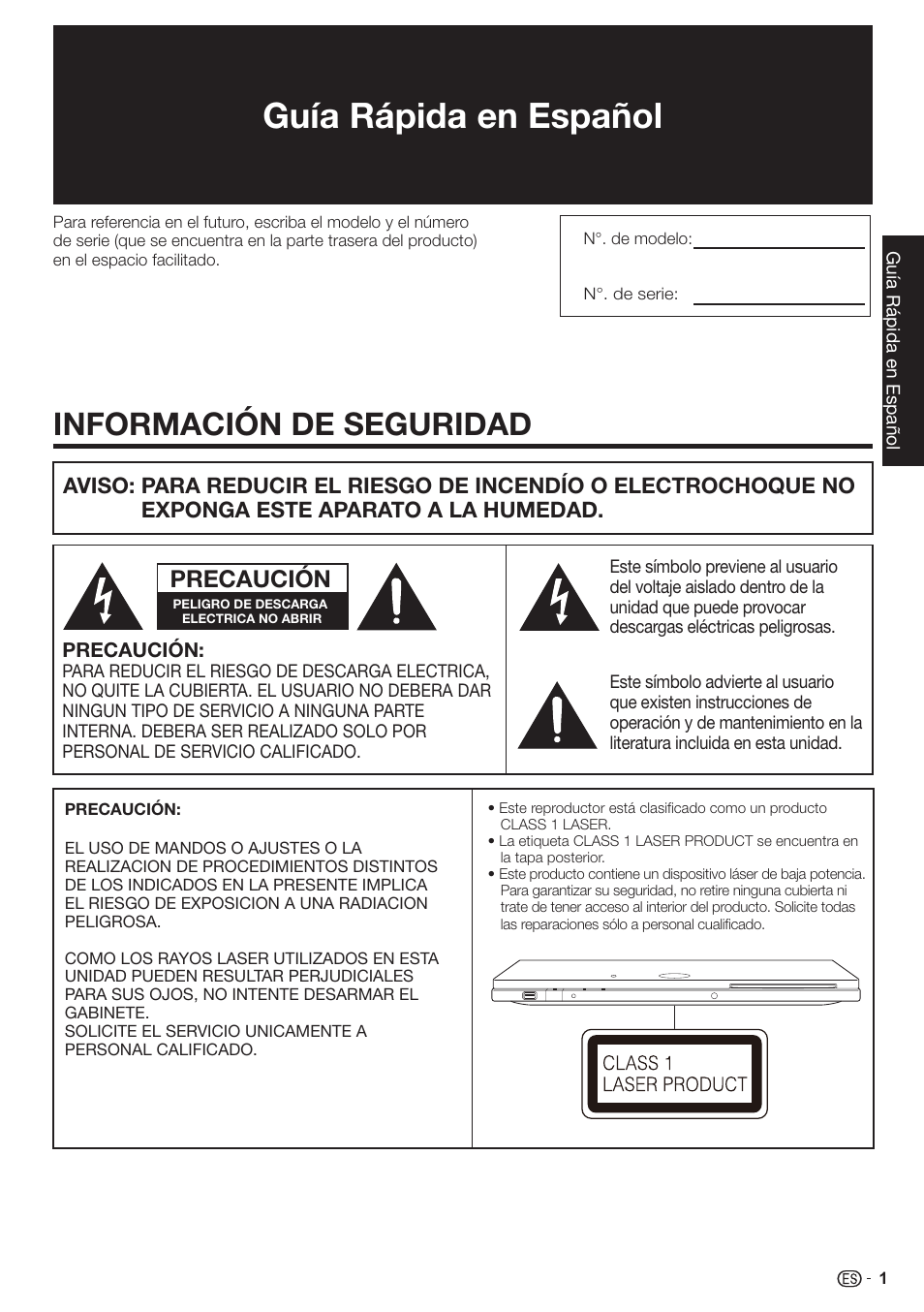 Guía rápida en español, Información de seguridad, Precaución | Sharp AQUOS BD-HP90U User Manual | Page 73 / 81
