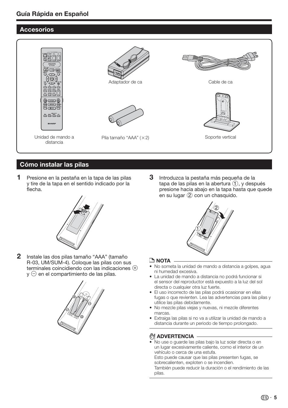 Accesorios cómo instalar las pilas, Guía rápida en español | Sharp AQUOS BD-HP90U User Manual | Page 77 / 81