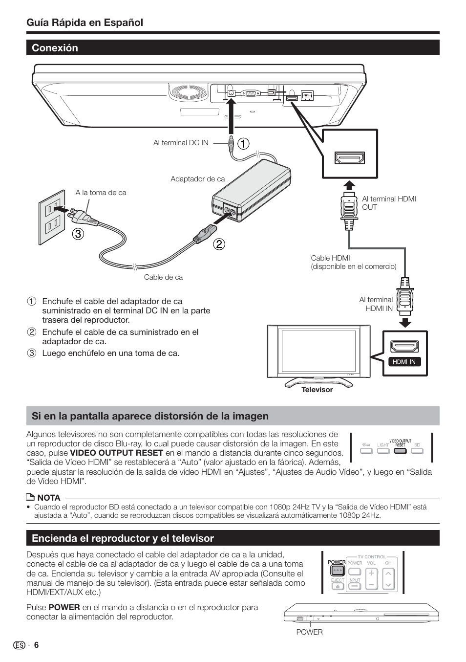 Conexión encienda el reproductor y el televisor, Guía rápida en español, Si en la pantalla aparece distorsión de la imagen | Sharp AQUOS BD-HP90U User Manual | Page 78 / 81