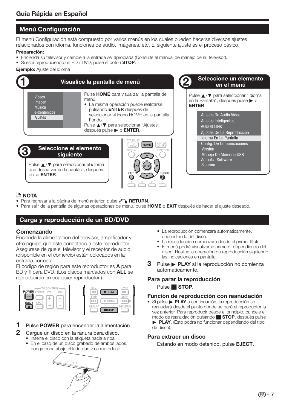 Menú configuración, Carga y reproducción de un bd/dvd, Guía rápida en español | Sharp AQUOS BD-HP90U User Manual | Page 79 / 81