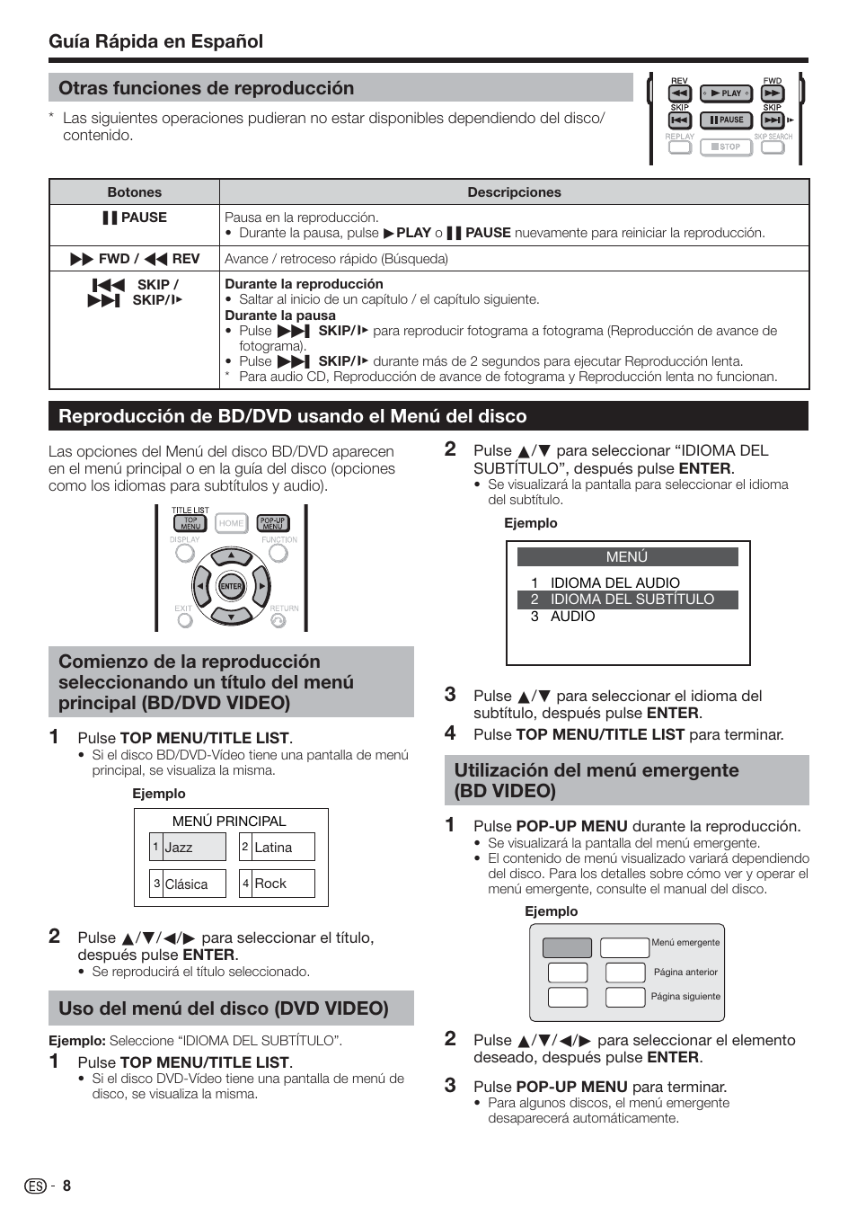 Otras funciones de reproducción, Reproducción de bd/dvd usando el menú del disco, Uso del menú del disco (dvd video) | Utilización del menú emergente (bd video), Guía rápida en español | Sharp AQUOS BD-HP90U User Manual | Page 80 / 81