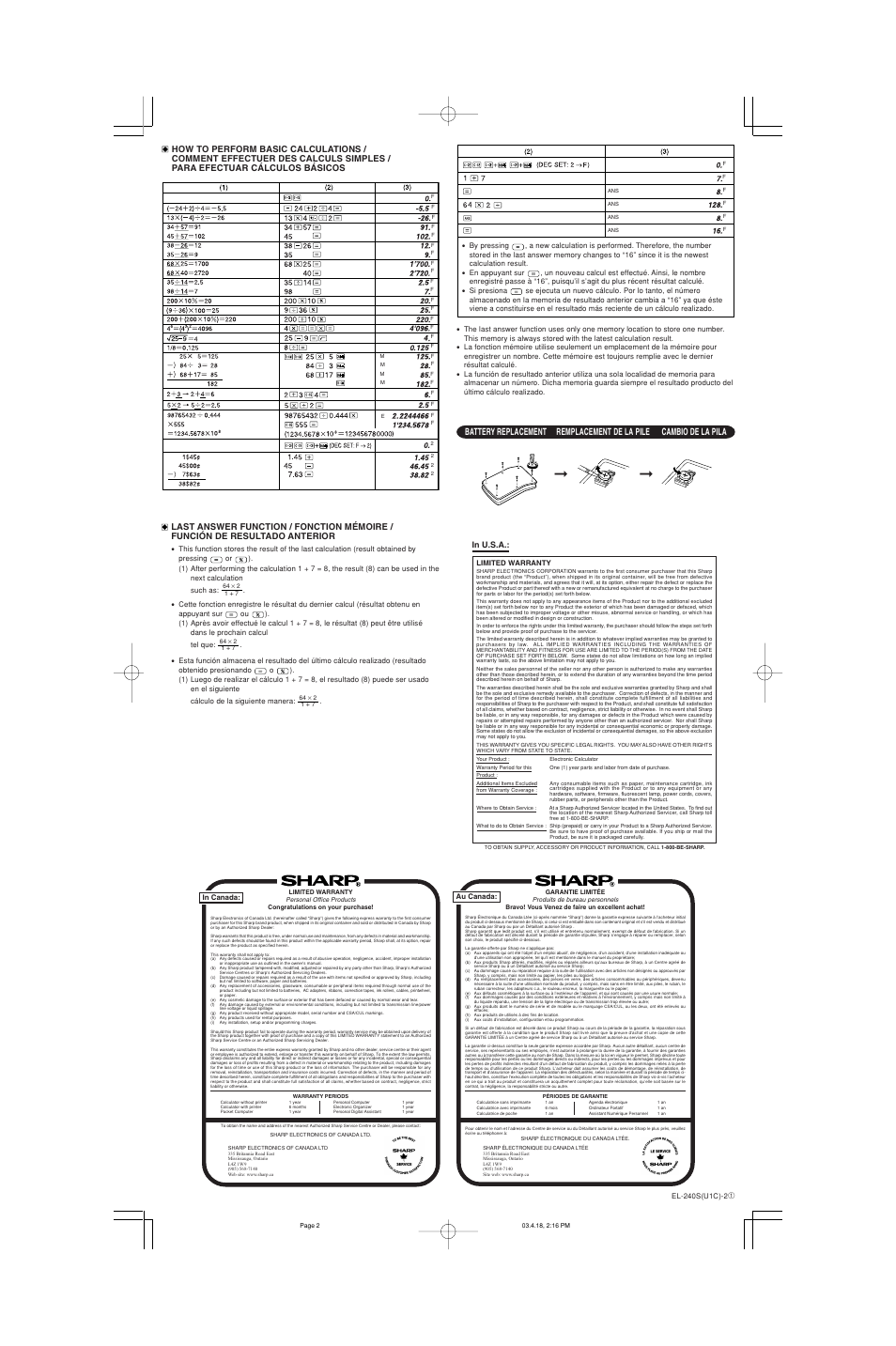 Sharp EL-240S User Manual | Page 2 / 2