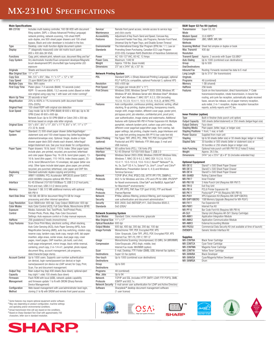 Mx-2310u s, Pecifications | Sharp MX-2310U User Manual | Page 2 / 2