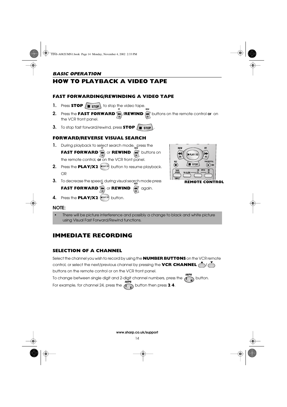 How to playback a video tape, Immediate recording | Sharp VC-MH835HM User Manual | Page 16 / 54