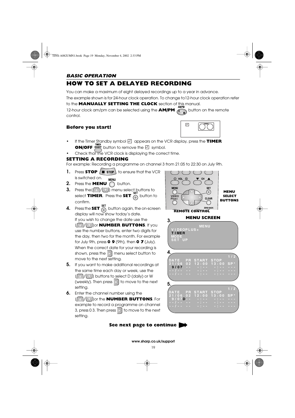 How to set a delayed recording | Sharp VC-MH835HM User Manual | Page 21 / 54