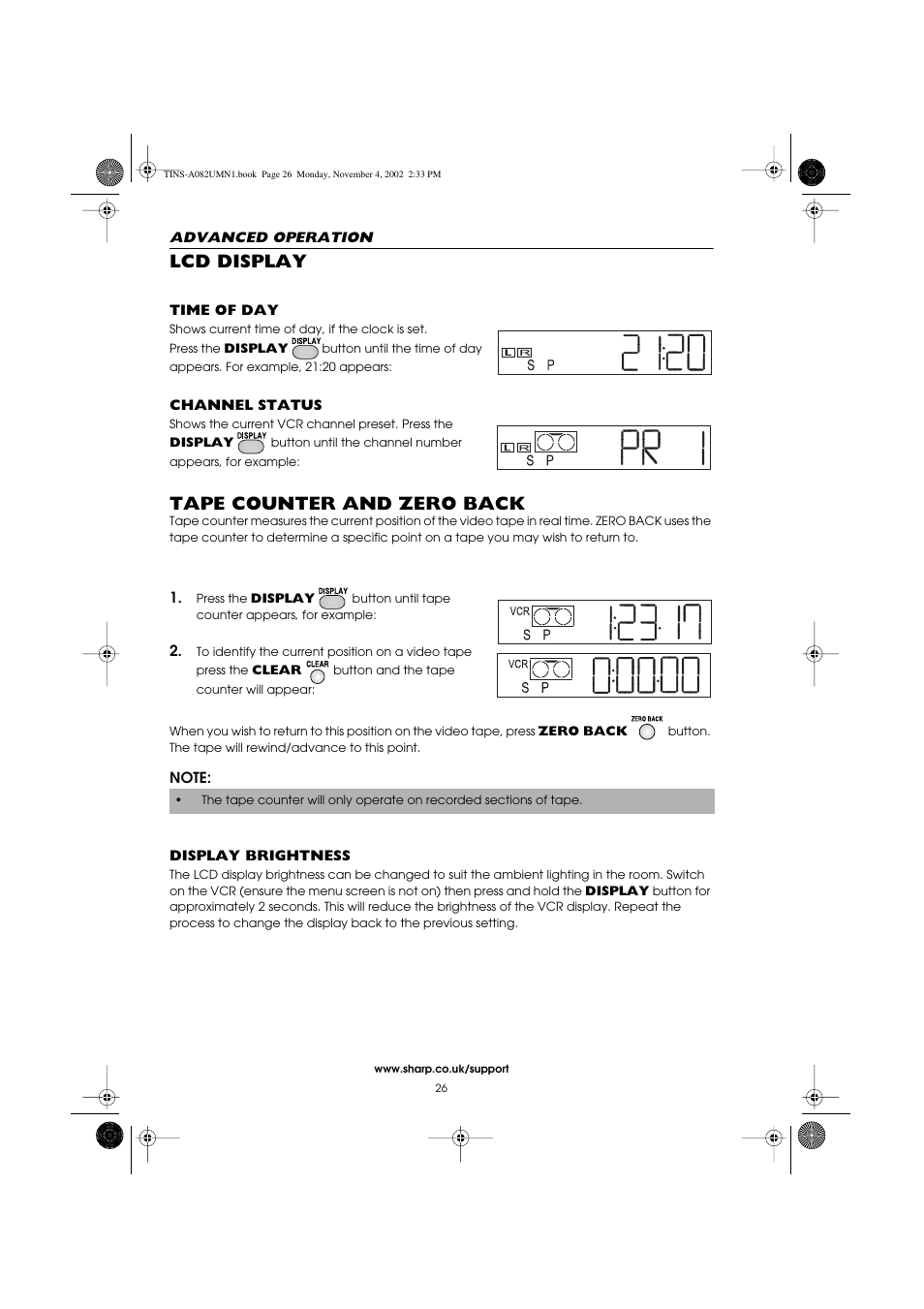 Lcd display, Tape counter and zero back | Sharp VC-MH835HM User Manual | Page 28 / 54