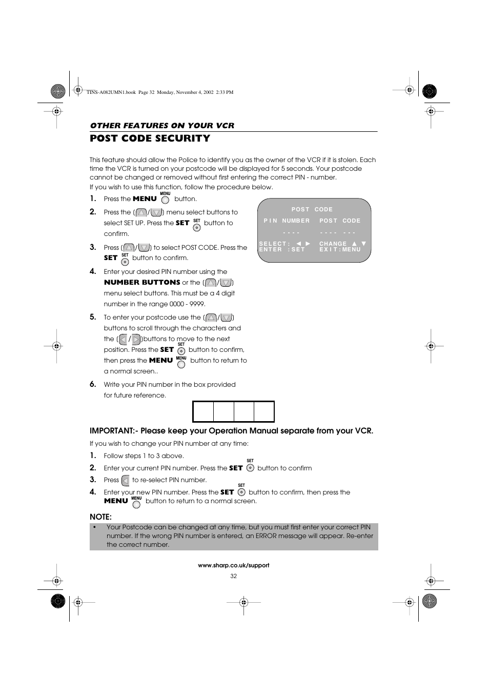 Post code security | Sharp VC-MH835HM User Manual | Page 34 / 54