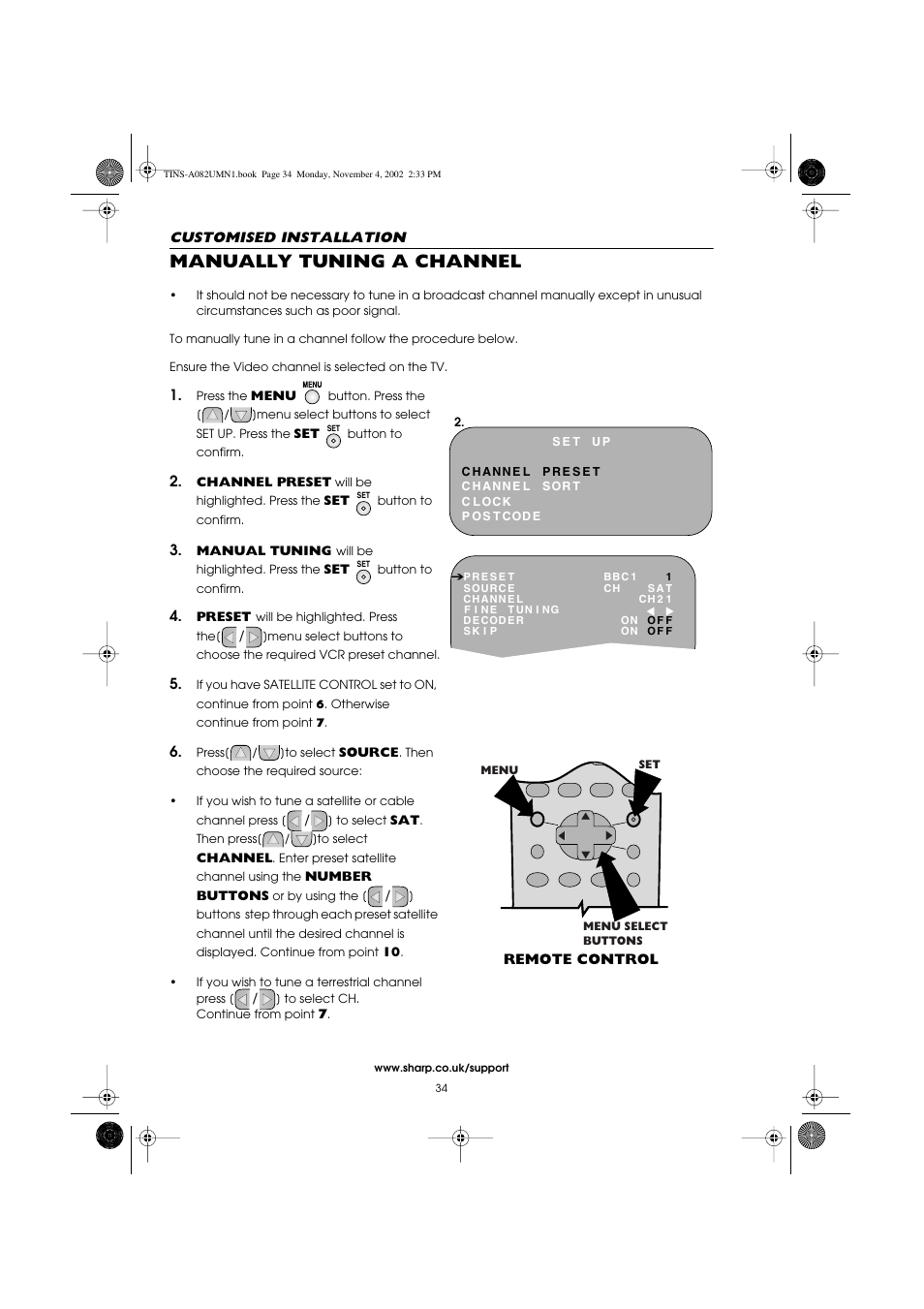 Manually tuning a channel | Sharp VC-MH835HM User Manual | Page 36 / 54