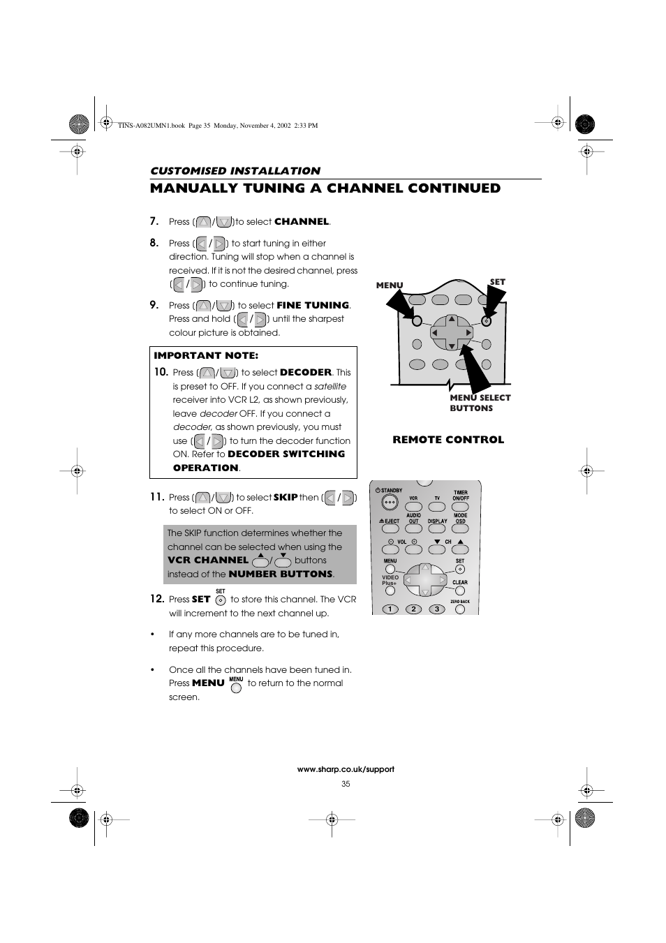 Manually tuning a channel continued | Sharp VC-MH835HM User Manual | Page 37 / 54