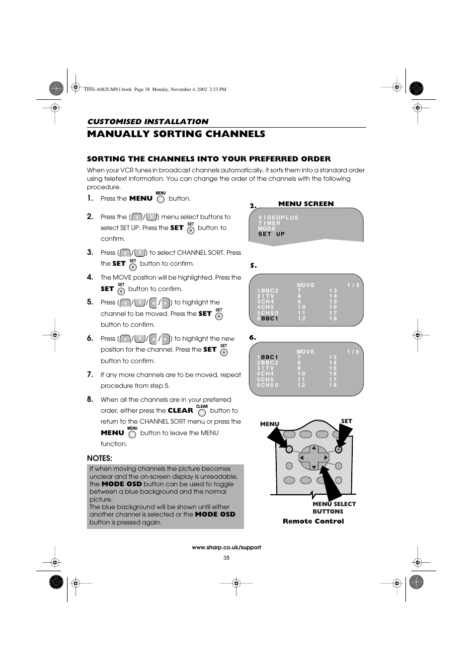 Manually sorting channels | Sharp VC-MH835HM User Manual | Page 40 / 54