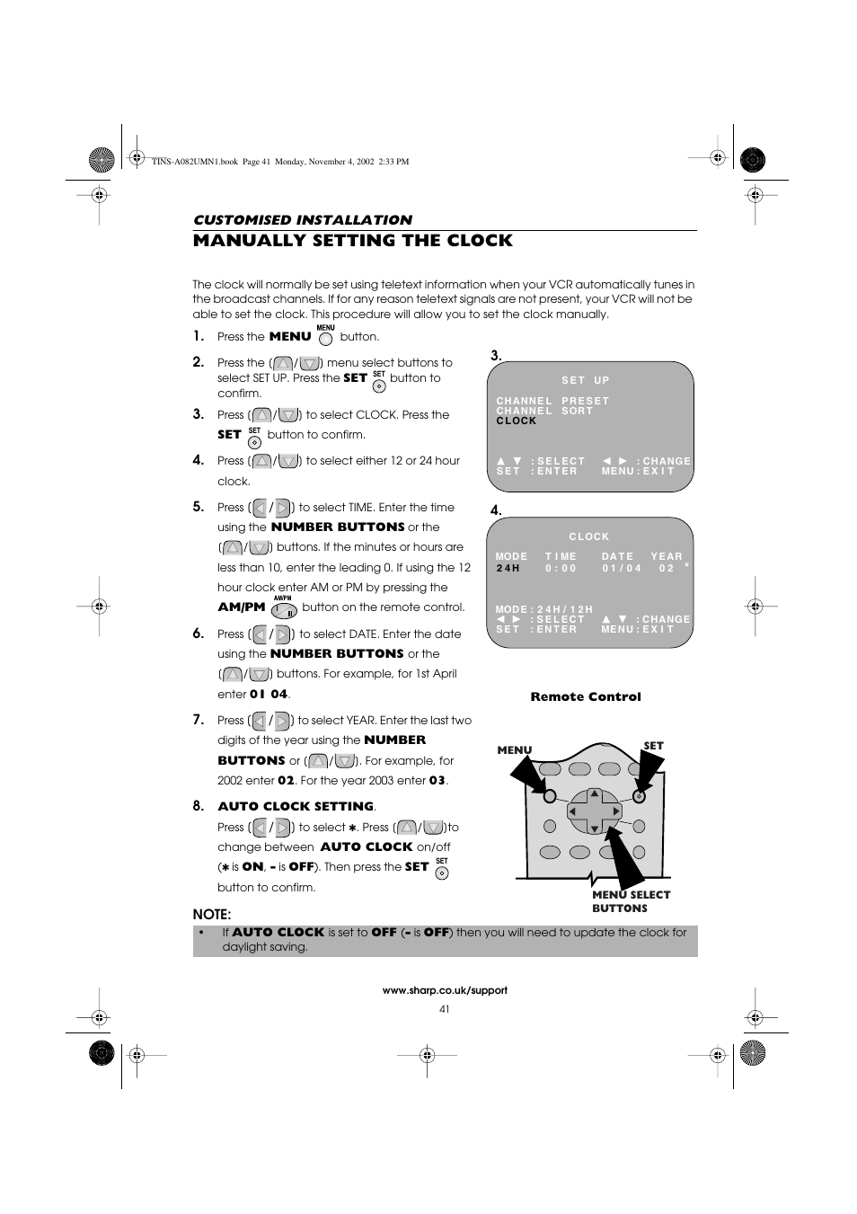 Manually setting the clock | Sharp VC-MH835HM User Manual | Page 43 / 54