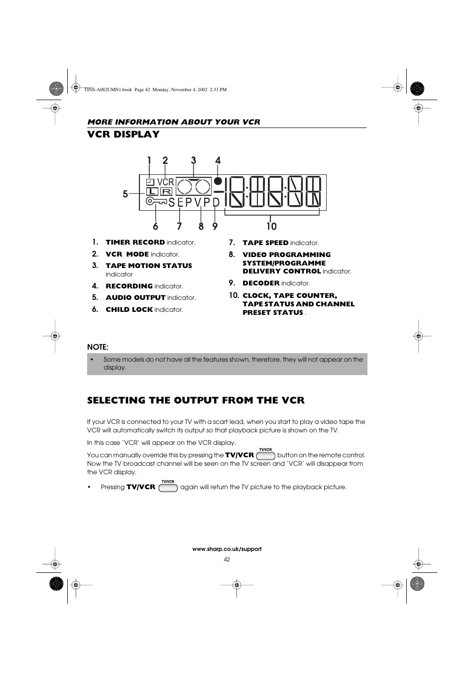 Vcr display, Selecting the output from the vcr | Sharp VC-MH835HM User Manual | Page 44 / 54