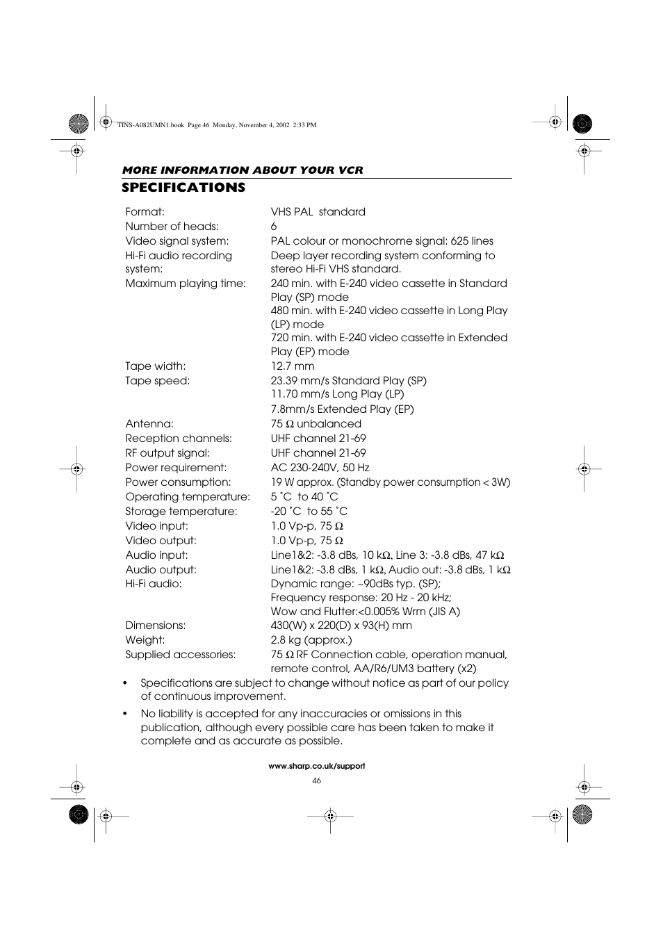 Specifications | Sharp VC-MH835HM User Manual | Page 48 / 54